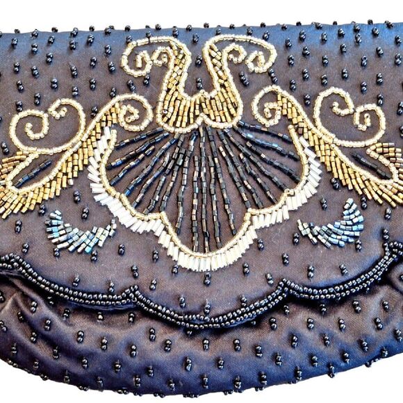 Carolyne Barton Beaded Evening Bag Cocktail Party Purse Artsy Black Gold Silver - Picture 2 of 7